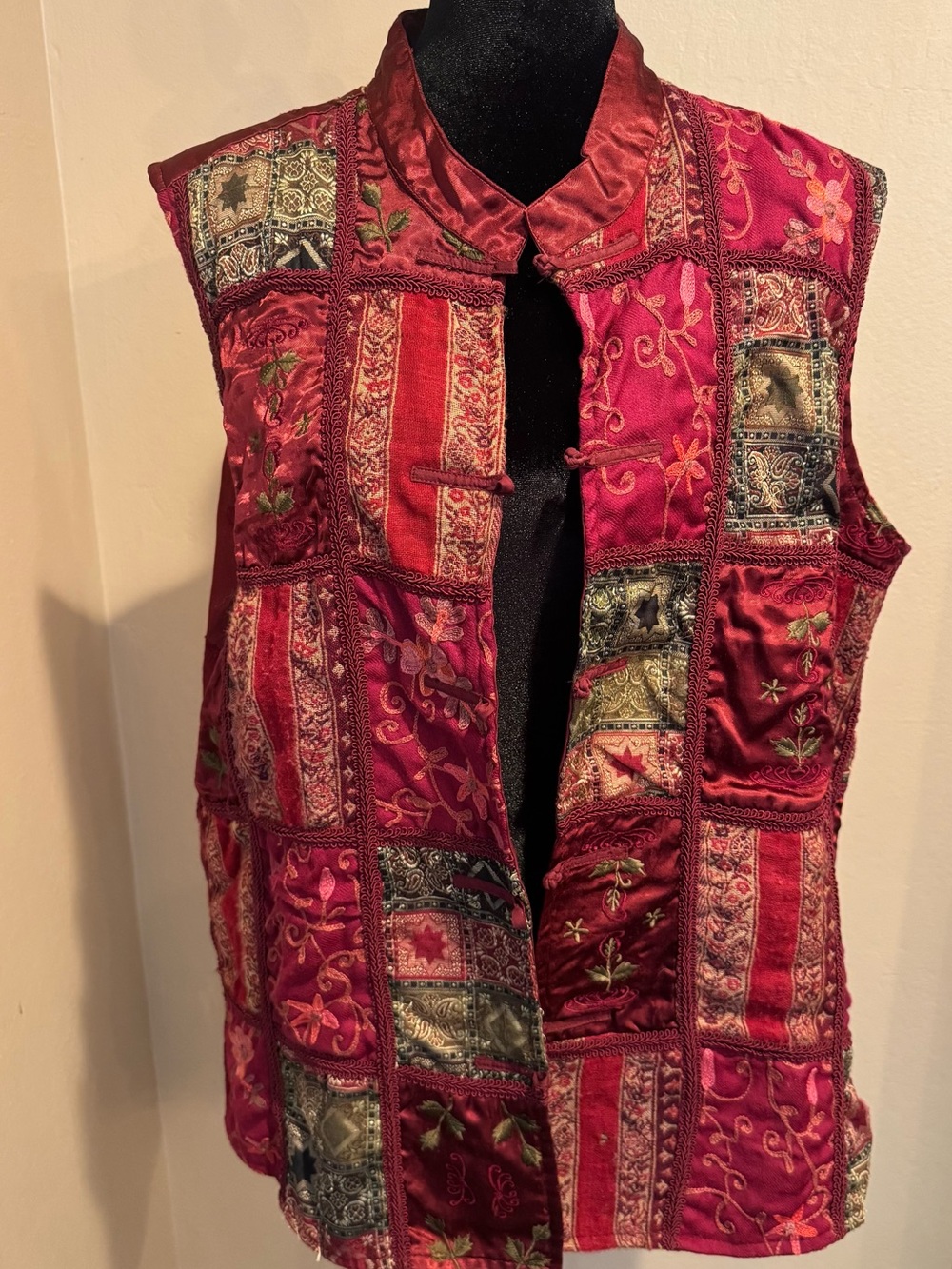 Boho Embroidered Patchwork Vest Burgundy Wine & Olive w/Loop & Frog Closures